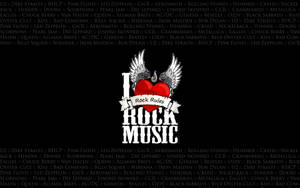 一個帶翅膀的紅色心形和「I Love Rock Music」文字，周圍環繞著樂隊名稱。 — 美學音樂 壁紙