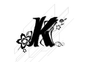 白色背景上帶有花卉和幾何線條的風格化黑色字母K。