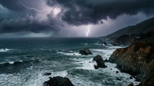 暴風雨中的海洋，閃電擊中岩石懸崖。