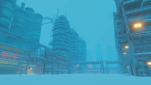 白雪覆蓋著一座未來主義的工業城市，燈光閃爍，建築高聳。 — 寒冷 壁紙