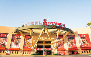 天使球場安納海姆入口，在陽光下，有球員壁畫和棒球棍支架。 — 奧克蘭運動家 壁紙