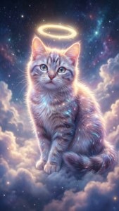 夢幻雲層中帶有光環的天使般發光動漫貓咪。