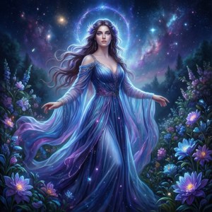 一位身穿星光長袍的神秘女子，在宇宙天空下被發光的花朵環繞。 — Pixel Watch 5 壁紙