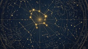 天體圖，在深藍色背景上以金色顯示星座和星路。 — 天秤座 壁紙