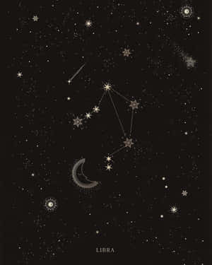 天秤座的天體插圖，帶有金色新月和星星，背景為黑色。 — 夜空 壁紙