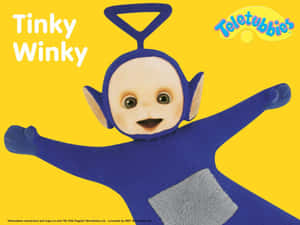 藍色天線寶寶角色Tinky Winky在黃色背景上微笑，雙臂張開。 — Pbs Kids 壁紙