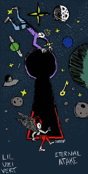 太空中的卡通鑰匙孔，有翼人物和行星。 — 卡通 壁紙