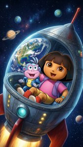 Dora 和 Boots 乘坐火箭飛船穿越太空，地球清晰可見。 — iPhone 5 壁紙