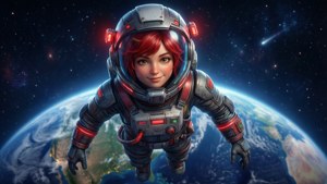 紅髮太空人在地球上方太空漂浮，有星星和彗星。