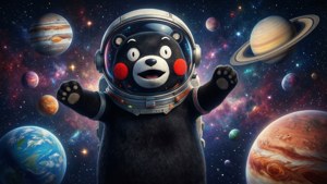 一隻穿著太空衣的卡通熊在行星和星星之間漂浮。 — ROG Ally 壁紙
