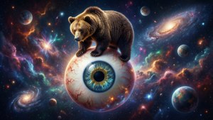 一隻熊棲息在一個充滿星系和行星的彩色太空中的巨大眼球上。