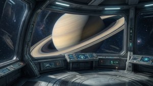 太空站內部，可觀賞帶有光環的行星 — 太空 壁紙