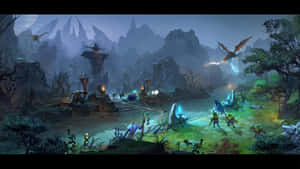 奇幻戰士在月光下的山谷中與發光怪物戰鬥。 — 電玩遊戲 GIF 壁紙