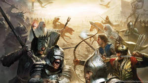 身穿盔甲的奇幻戰士在塵土飛揚的戰場上與飛龍戰鬥。 — Lotr 壁紙