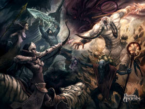 奇幻戰士在黑暗的戰鬥場景中與一隻長角的怪物戰鬥。 — Dota 2 4K 壁紙