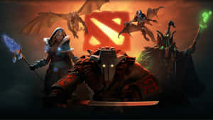 奇幻英雄與巨龍在發光的 Dota 2 標誌下戰鬥。 — 刀塔2 壁紙