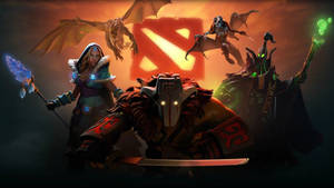 奇幻英雄與巨龍在閃耀的 Dota 2 標誌下戰鬥。 — 電玩遊戲 GIF 壁紙