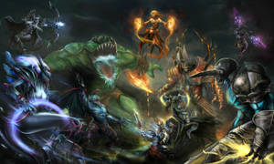 奇幻戰士與怪物在黑暗混亂的場景中用魔法和劍戰鬥。 — Dota 2 4K 壁紙
