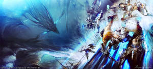 動漫戰士在洶湧的水下場景中與龍戰鬥，伴隨著發光的魔法。 — Ff14 壁紙