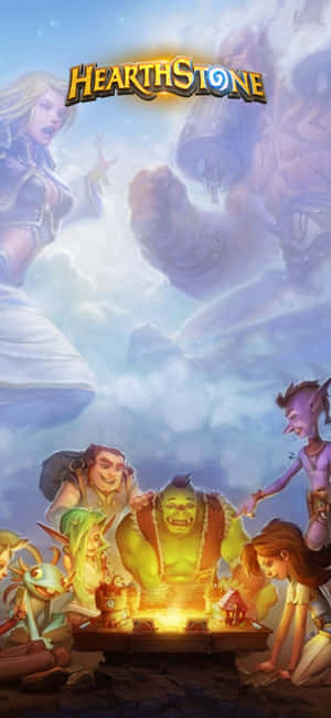 Hearthstone 角色聚集在一張發光的桌子周圍，背景是多雲的天空。 — iPhone 16e 壁紙
