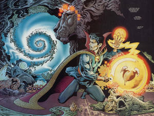 奇異博士對宇宙漩渦和獅頭怪物施法。 — 魔法動圖 壁紙