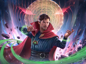 奇異博士在宇宙環境中施展帶有發光綠色能量的魔法咒語。 — 末日博士 壁紙