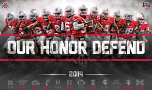 奧克拉荷馬州立大學美式足球隊身穿紅色球衣，附有「OUR HONOR DEFEND」文字及2014年賽程。 — 俄亥俄州立大學 壁紙