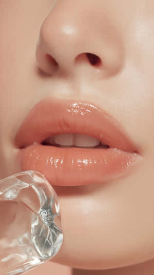 女人光澤蜜桃色嘴唇手持一個多面切割水晶杯靠近嘴邊。 — 寒冷 壁紙