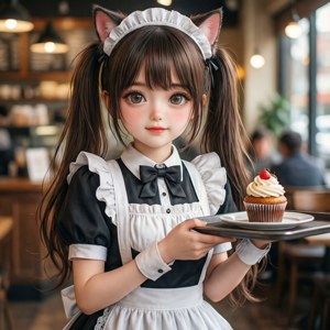 動漫貓耳女僕在咖啡館中提供杯子蛋糕。 — Pixel Watch 5 壁紙