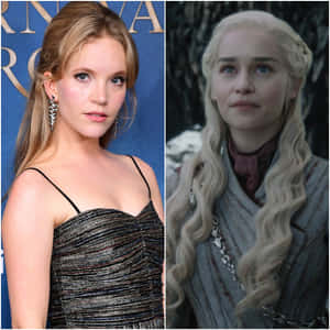 Mackenzie Foy 穿著黑色連衣裙，旁邊是穿著雪地服裝的 Daenerys Targaryen。 — 冬季風景 壁紙