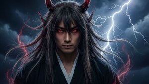 一個在雷暴中擁有發光紅眼和角的惡魔形象。 — 幽遊白書 壁紙