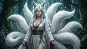 一隻在神秘森林中擁有發光綠色眼睛的九尾狐靈。 — 鬼戰士 壁紙