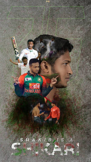 板球運動員 Shakib Al Hasan 的動作姿勢拼貼畫，包含團隊和比賽場景。 — 孟加拉板球 壁紙