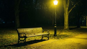 夜晚被街燈照亮的空公園長椅，伴有落葉。 — 憂鬱美學 壁紙
