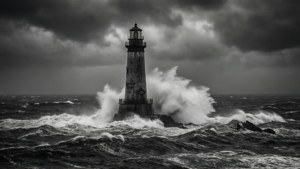 燈塔在暴風雨的天空下承受著猛烈的海浪。 — 憂鬱美學 壁紙
