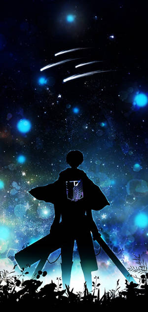 動漫戰士剪影手持劍，在發光的藍色星空下，有流星。 — Galaxy S25 Edge 壁紙
