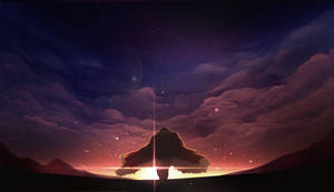在星空紫色天空下，日落時分發光的山脈輪廓。 — 暮光 壁紙