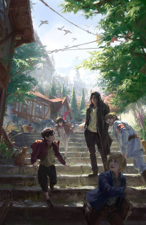 孩子們和一隻貓在充滿活力的綠色村莊中攀爬石階，鳥兒在頭頂飛翔。 — 進擊的巨人 角色 壁紙