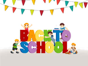 孩子們在派對旗幟下攀爬彩色「Back to School」字母。 — 教育 壁紙