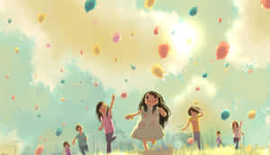 孩子們在明亮的天空下跑過草地，追逐漂浮的彩色氣球。 — 小孩動圖 壁紙