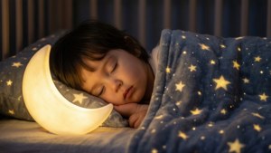 一個年幼的孩子在星星圖案的毯子和發光的月亮燈旁安詳地睡覺。