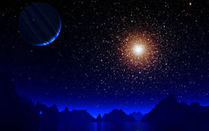 星空下的黑暗山脈和水面，有發光星系和藍色行星。 — 高畫質月亮 壁紙