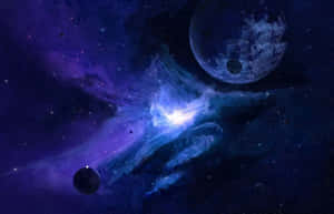 充滿活力的藍色和紫色星雲，行星漂浮在滿天星辰的空間中。 — 藍色銀河 壁紙