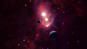 兩顆行星環繞著一個充滿星星的發光紅色星雲運行。 — iMac 壁紙