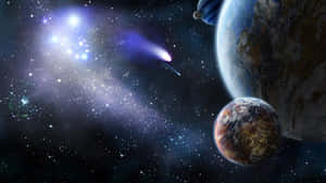兩顆行星和一顆彗星在星光燦爛的宇宙場景中，伴隨著發光星雲。 — 月夜星空 壁紙