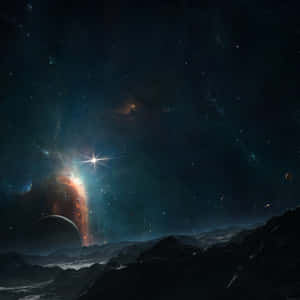 在星空下，有發光星雲和遙遠行星的外星山脈。 — 宇宙美學 壁紙