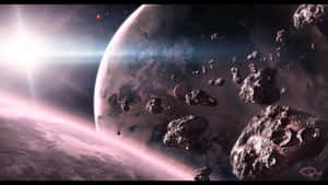 一顆擁有發光地平線的行星，被星空中漂浮的小行星環繞。 — 黃昏 壁紙