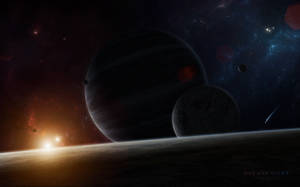 在太空中，外星行星上有衛星和發光星雲的日出。 — 閃電俠 壁紙