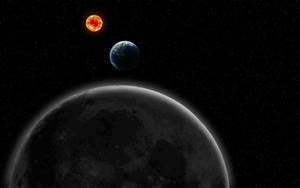 深空中一顆紅星、一顆藍色行星和一顆佈滿隕石坑的月球。 — 黑色星球 壁紙