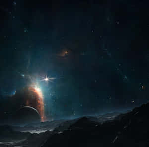 在星空下，有發光星雲和行星的外星山脈